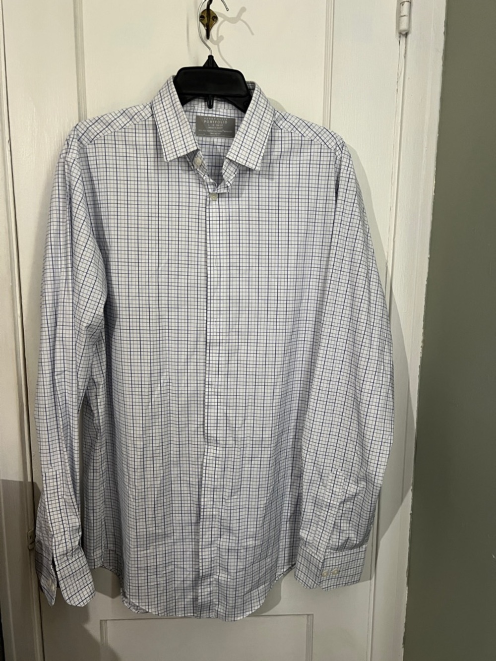 Perry Ellis White Shirt with Blue Windowpane Check - Men's Dress Shirt